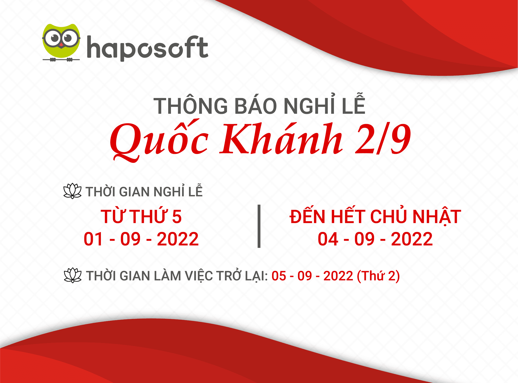 THÔNG BÁO LỊCH NGHỈ LỄ QUỐC KHÁNH 2/9