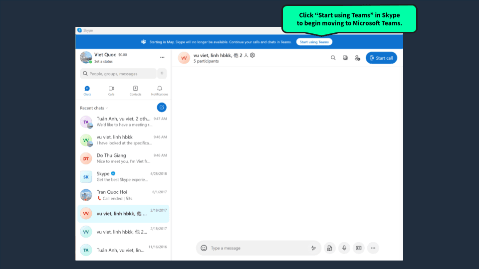 Start the Skype to Microsoft Teams migration from the Skype welcome screen