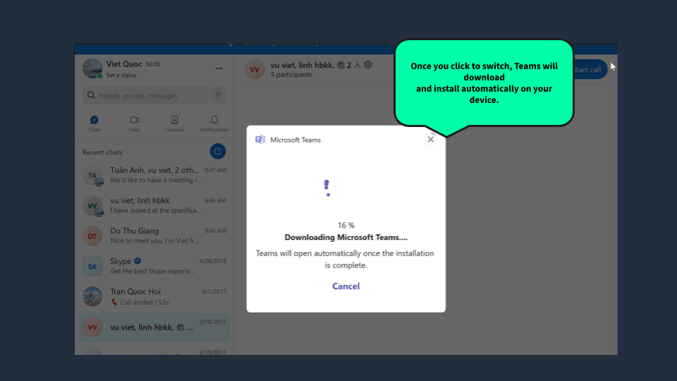 Confirm transition to Microsoft Teams in the Skype migration prompt